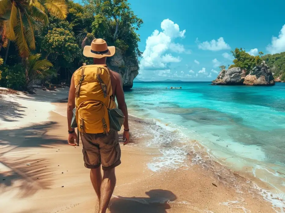A man with a backpack strolling by the beach under fluffy clouds